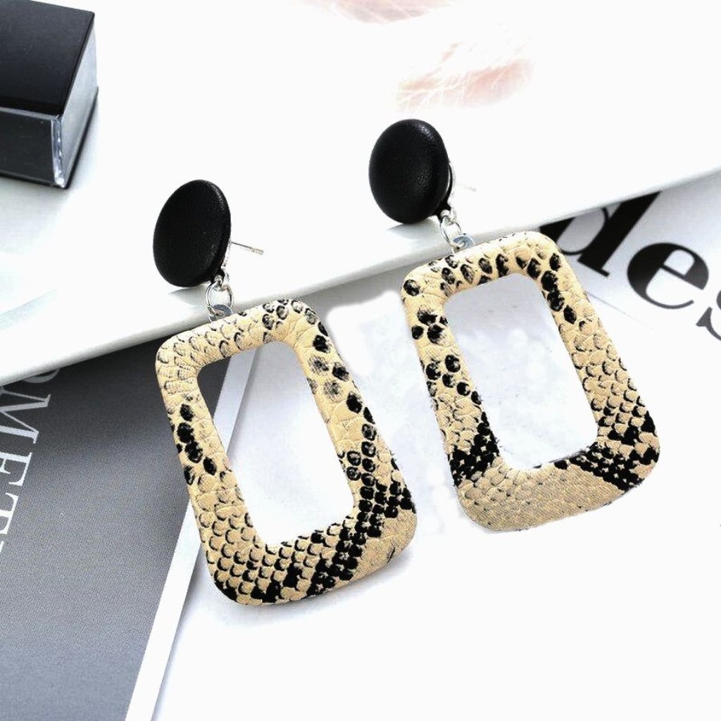 Briella Style Beige Snake Skin Pattern Open Square Dangle Earrings Gift Packaged